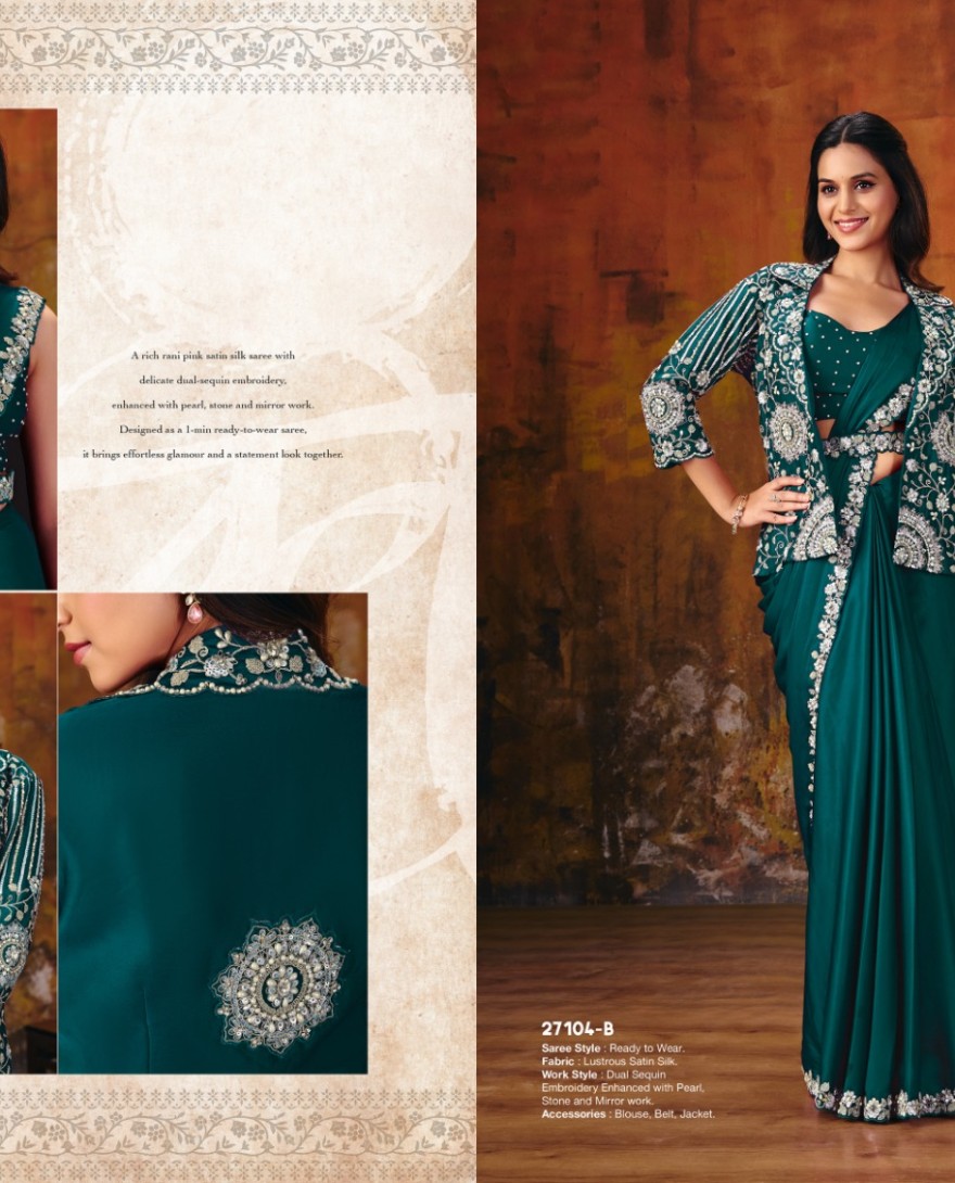 27104B - Rama Green Embroidered Wedding Party Designer Saree